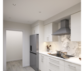 Photorealistic rendering of the left wall for a custom U-shaped kitchen designed for a Hillsboro Beach, Florida residence, illustrating OneSkin Sunny White Super Matte flush-panel cabinetry, Tuscani Quartz countertops and backsplash, stainless steel refrigerator, cooktop, and stainless steel range hood prior to construction.