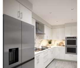Photorealistic rendering of the corner view for a custom U-shaped kitchen designed for a Hillsboro Beach, Florida residence, illustrating custom recessed LED under-cabinet lighting with concealed wiring beneath OneSkin Sunny White Super Matte flush-panel cabinetry, Tuscani Quartz countertops and backsplash, stainless steel cooktop with stainless steel range hood, and built-in double wall ovens prior to construction.