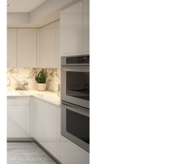 Photorealistic rendering of the double-oven corner in a custom U-shaped kitchen designed for a Hillsboro Beach, Florida residence, illustrating custom recessed LED under-cabinet lighting with concealed wiring beneath OneSkin Sunny White Super Matte flush-panel cabinetry, Tuscani Quartz countertops and backsplash, and stainless steel built-in double wall ovens prior to construction.