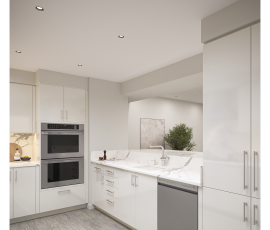 Photorealistic rendering of the right-side view for a custom U-shaped kitchen designed for a Hillsboro Beach, Florida residence, illustrating OneSkin Sunny White Super Matte flush-panel cabinetry, a tall pantry cabinet, kitchen sink, breakfast bar, Tuscani Quartz countertops, and built-in double wall ovens prior to construction.