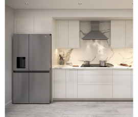Photorealistic rendering of the left wall for a custom U-shaped kitchen designed for a Hillsboro Beach, Florida residence, illustrating OneSkin Sunny White Super Matte flush-panel cabinetry, Tuscani Quartz countertops and backsplash, stainless steel refrigerator, stainless steel cooktop, and stainless steel range hood prior to construction.